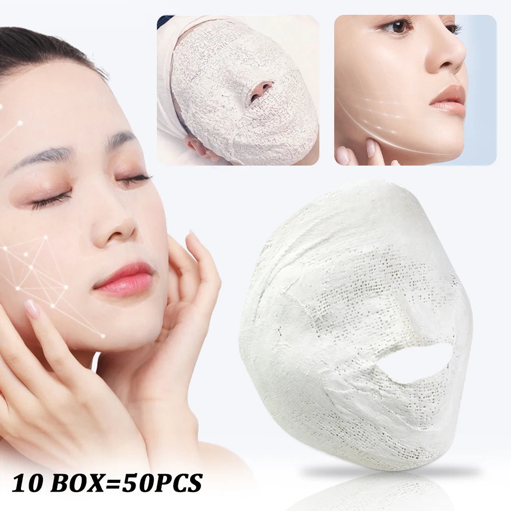 50pcs Mummy 5D Gauze Plaster Mask V-Shape Face Shaping Moisturizing Mask For Facial Exfoliation Firming Skin Fading Fine Lines