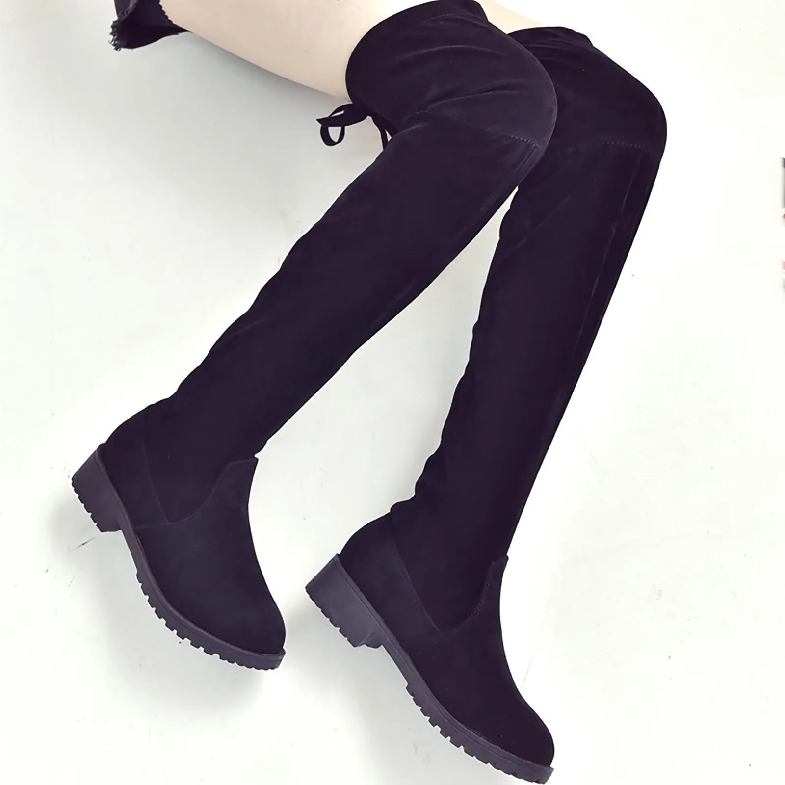 Women Boots Winter Black Over The Knee Boots 2023 New Comfort Lace Up Chunky High Heels Shoes Fashion Warm Suede Round Toe Boots