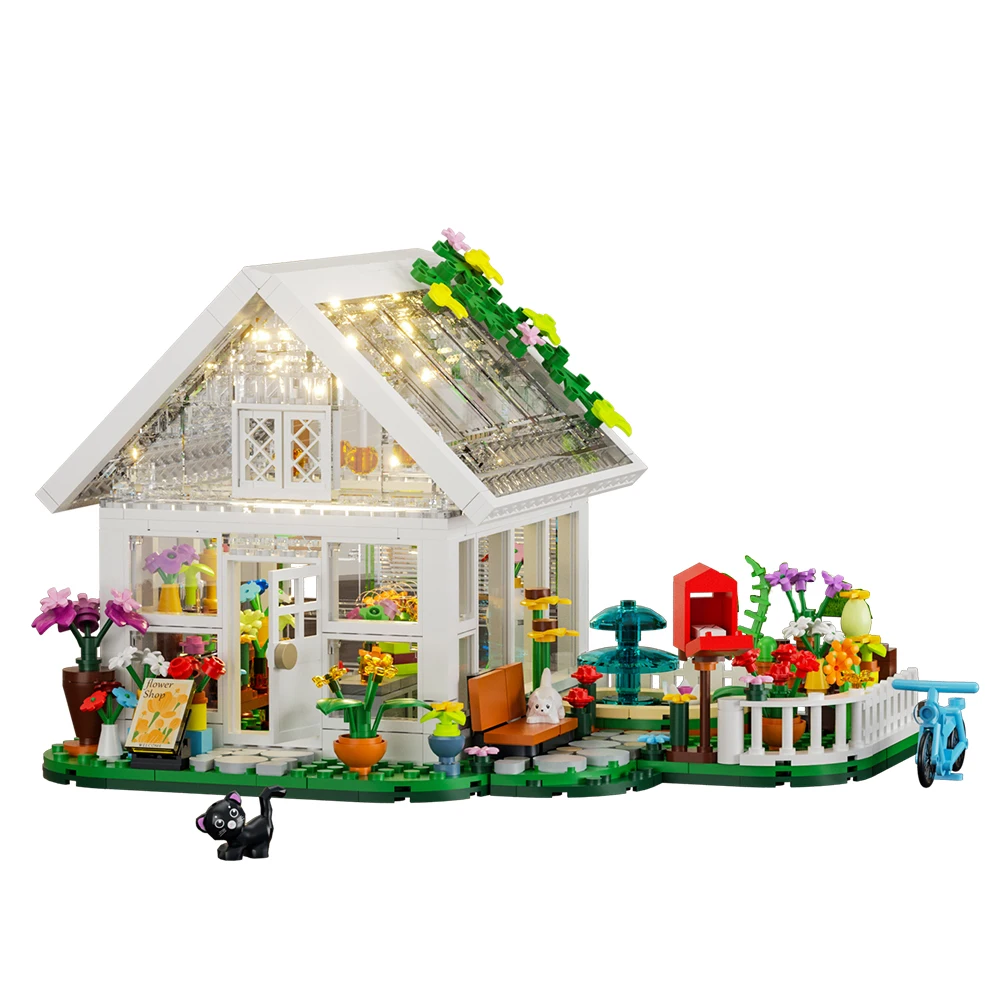 Gobricks MOC LED White Flower House Bricks Model Creative Street View Flower Shop Light Openable House Building Block Toys Gift