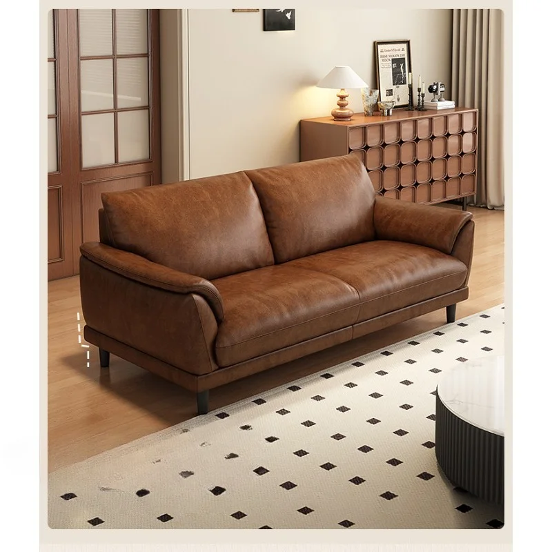 Home Double small apartment oil wax leather sofa living room retro style three-person cowhide sofa straight row