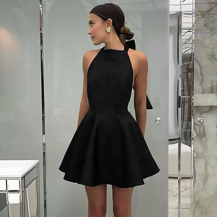 

Sexy Black High Waist Sleeveless Neck Hanging Dress Women's Fashion Short Skirt Spring New Arrival Commute Style A-Line Dress