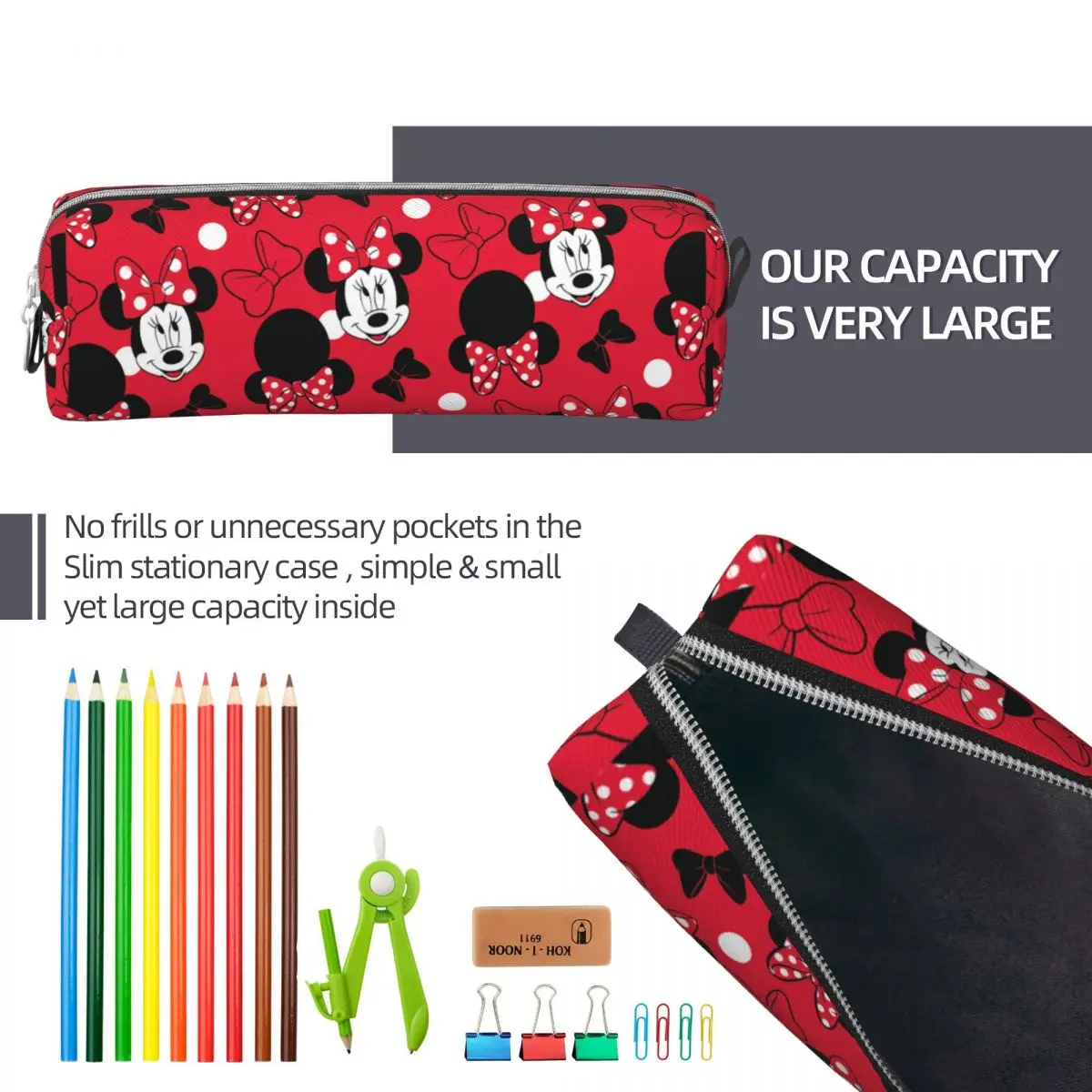 Imagem -06 - Criativo Vermelho Mickey Minnie Bowtie Estojo para Lápis Caixa de Caneta para Estudante Bolsas de Lápis de Grande Capacidade