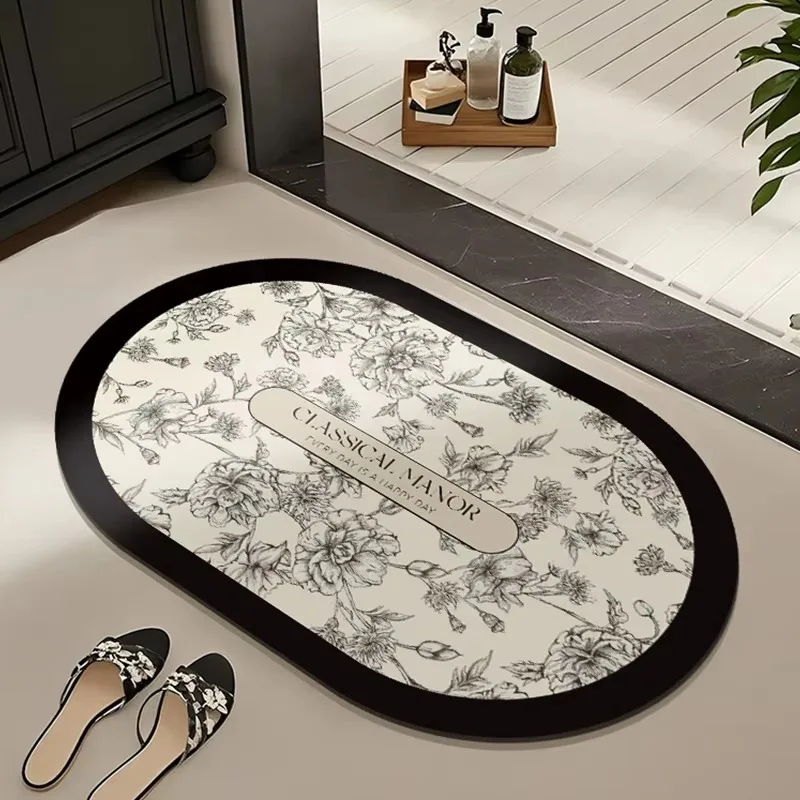 VIKAMA Vintage Oval Floral Doormat—For the Bathroom, Entryway, and Kitchen—Absorbent, Non-Slip, and Style-Enhancing
