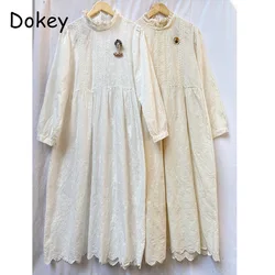 Vintage Embroidery White Long Sleeve Dress For Women Autumn Japan Style Mori Girl Stand Collar Cotton Linen Dress Casual Vestido