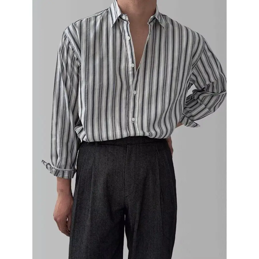 

Retro Striped Long Sleeve Casual Shirt Loose Fit Spring Autumn Men's Fashion Polyester Fiber Urban Style Couple's Top Coat