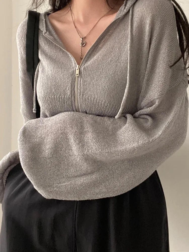 Elegancki letni sweter z dzianiny lodowego jedwabiu, damski sweter typu lampion, swobodny rozpinany kardigan, cienki płaszcz z kapturem, ochrona przed promieniowaniem UV.