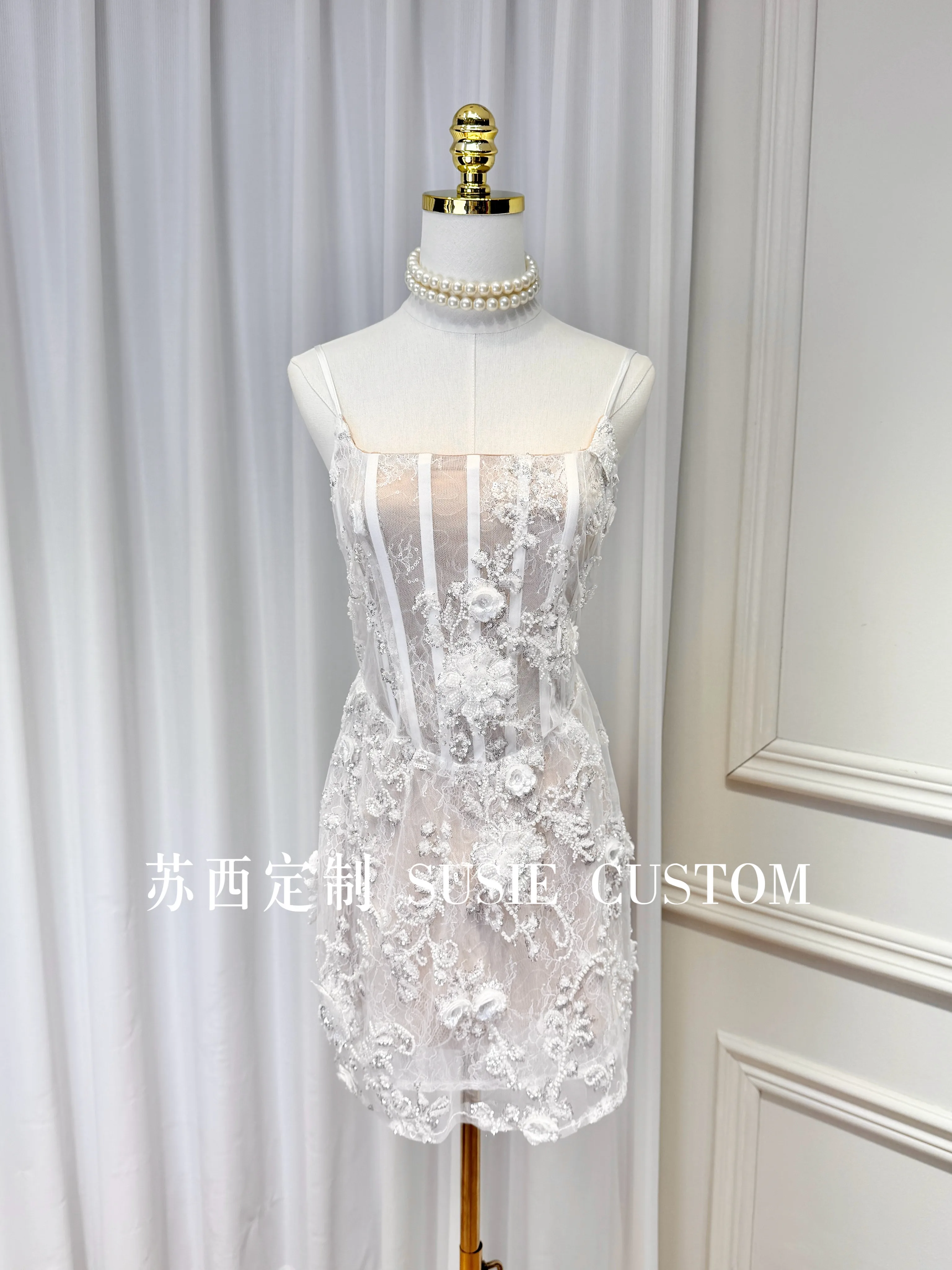 

Women's High End Beaded Floral Lace Corset Mini Dress Spaghetti Strap Sheer Tulle Birthday Party Cocktail Prom Gown