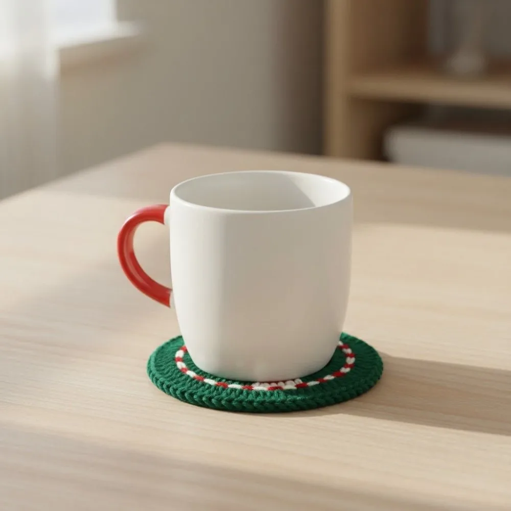Handmade Christmas Crochet Coaster Christmas Tree Snowman Pattern Non-slip Coffee Mug Pad Heat-resistant Round Knitted Cup Mat