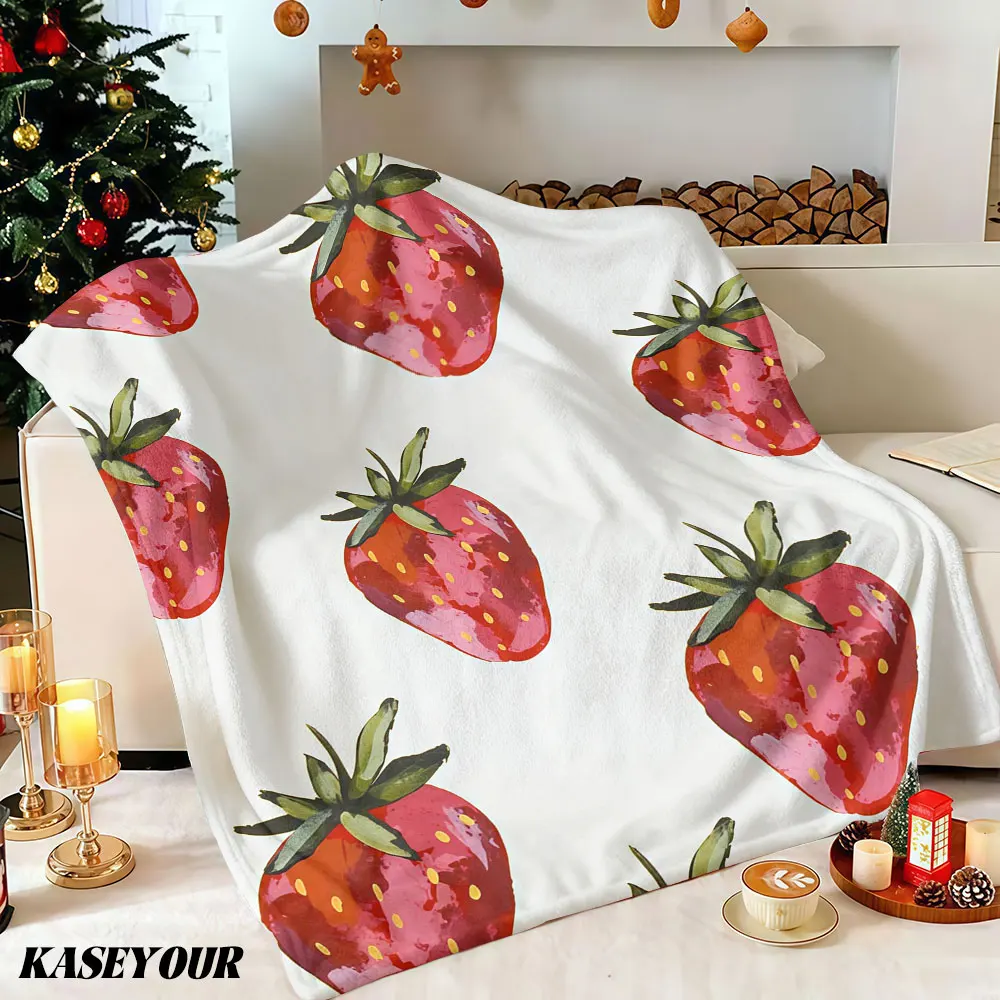 Watercolor Strawberry Winter Summer Flannel Blanket Throw Fleece Soft Fuzzy Plush Cozy Fleece Blankets for Sofa Ideal Gifts