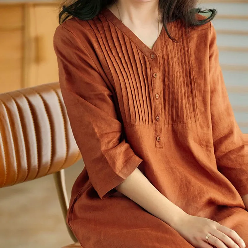 여성용 캐주얼 원피스 빈티지 스타일 V넥 단색 루즈 여성 코튼 리넨 롱 드레스, B3334, 2024 년 여름 신상