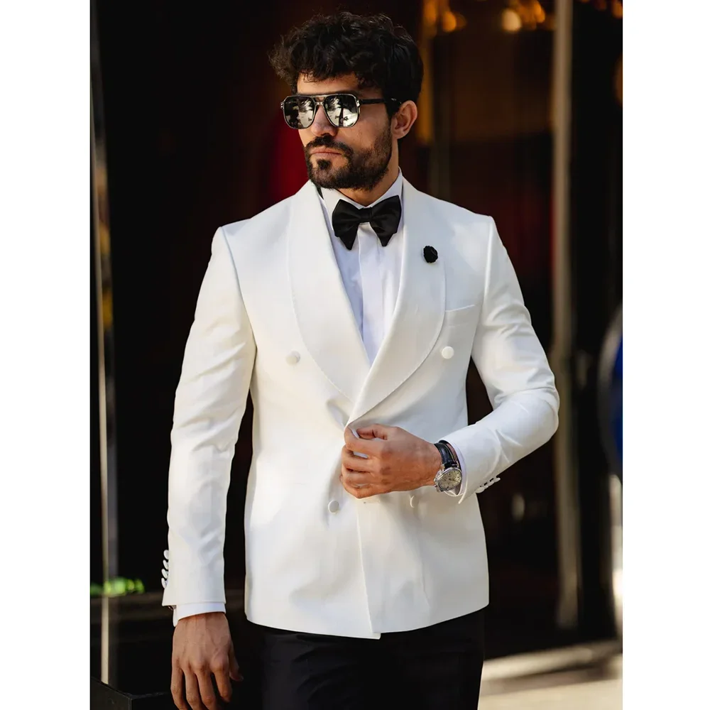

White Men's Suits 2 Piece Boutique Solid Color Daily Casual Office Business Male Suit Groom Wedding Dress Blazer with Trousers