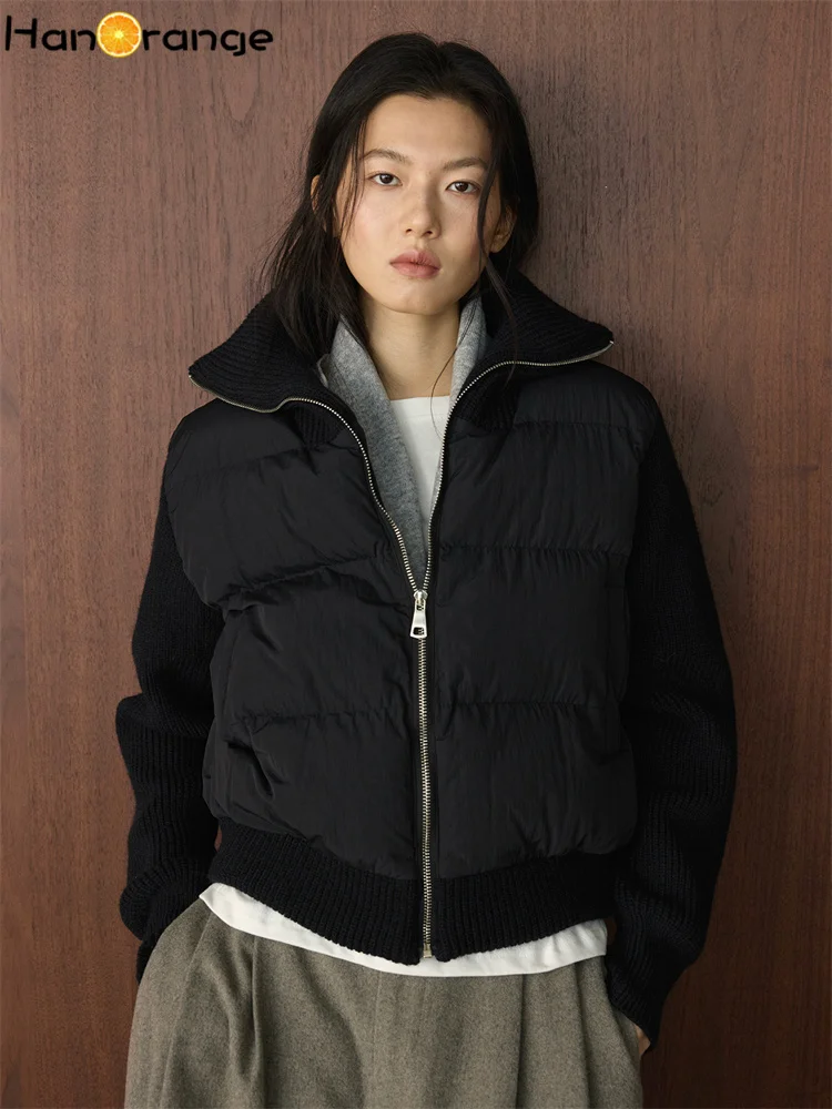 HanOrange 2026 Winter Fashion Simple High Collar Spliced Knitted Short Parkas Women Warm Silhouette Jacket Black/Apricot