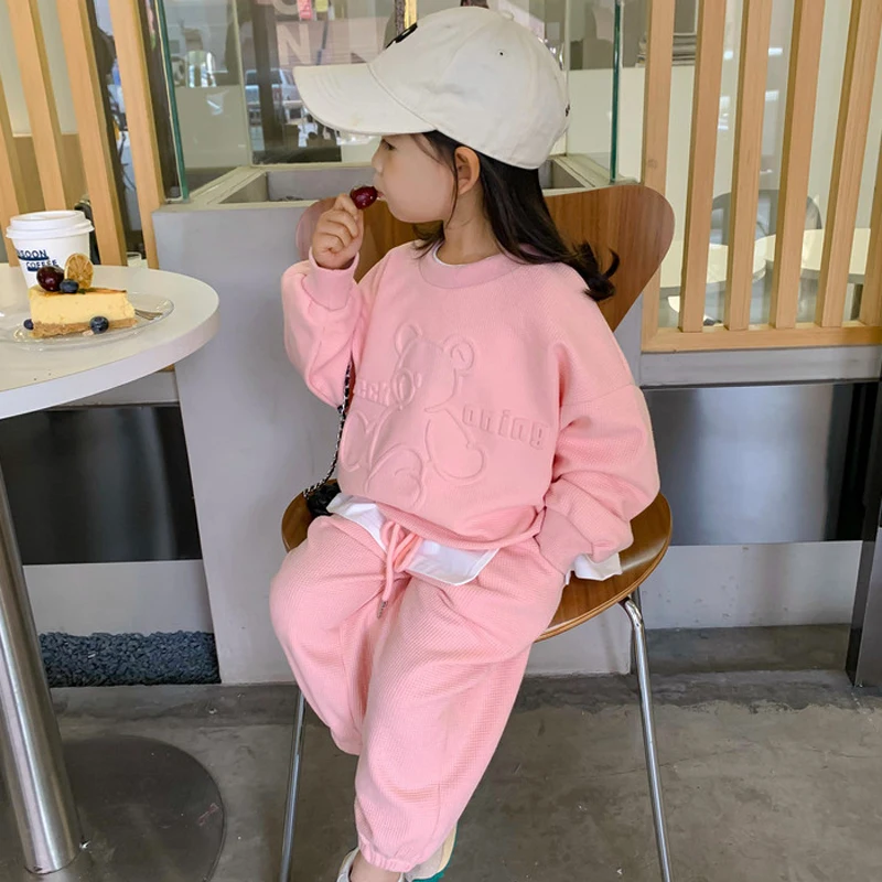 2 3 4 5 6 8 Years Spring Autumn Girls Clothing Set Cute Cartoon Bear Long Sleeved Hoodies+Pants 2Pcs Girls Sports Casual Suit