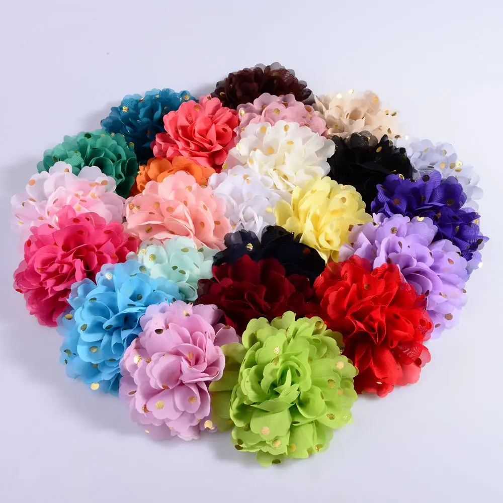 10PCS 10cm  Artificial f Chiffon Decorative Flowers for Wedding Embellishment Fabric Flowers with Gold Dot