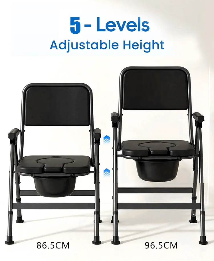 Factory Direct 2026 Black Adjustable Height Anti-Slip Folding Commode Chair with Backrest, Armrests & Bucket-150kg Capacity