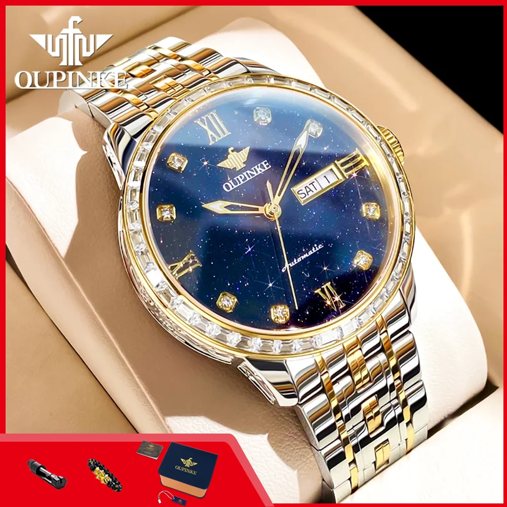 OUPINKE 3241 Men's Watches Starry Sky Steel Strap Diamond Bezel Japan Automatic Mechanical Watches for Man Luxury Wristwatch Men