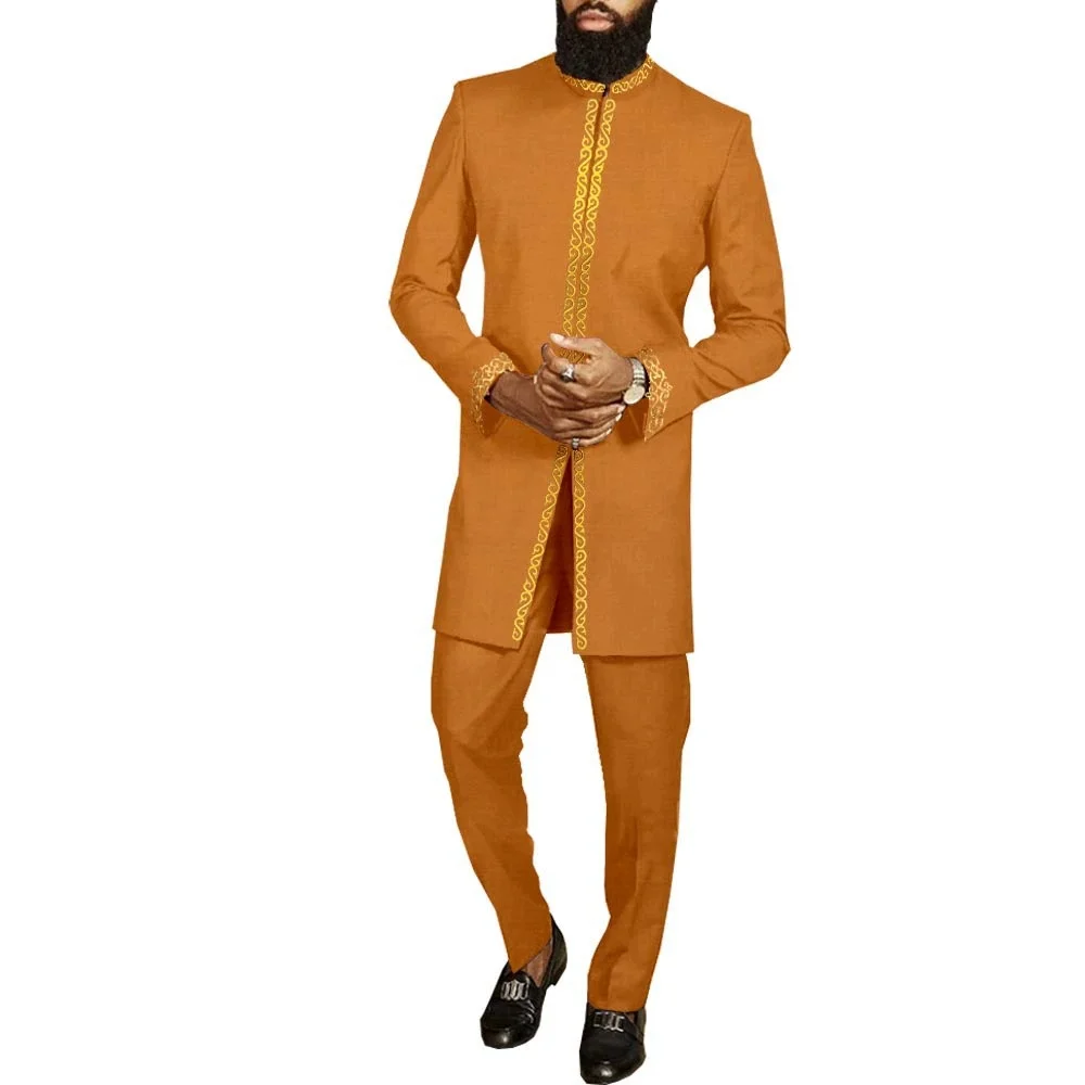 White Kaftan Men's Suit Embroidery Floral Top Pants Kaunda Suit African Casual Outfits Wear Traditional 2PCS Set Wedding Tuxedo