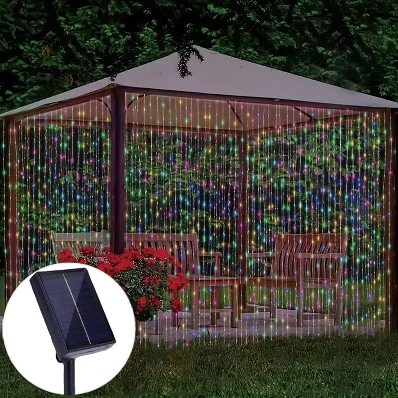 Solar Power Curtain String Lights 8 Lighting Modes Outdoor Christmas Lighting Great for Wedding Party Pergola Garden Decoration