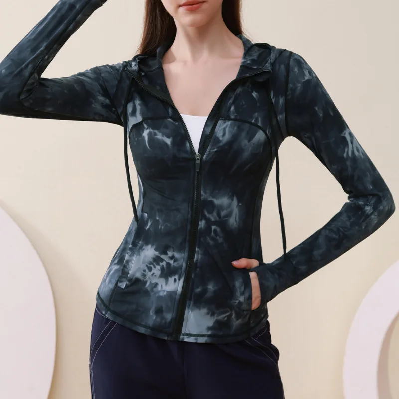 Tie-dye Hooded Sports Running Long Sleeve Jacket Women Gym Yoga Fitness Slim Quick Dry Mesh Splicing Zipper Elastic Coat