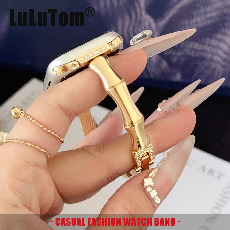 

Модный браслет из бамбуковых звеньев для Apple Watch Band 11 10 9 8 7 6 5 SE Ultra, металлический ремешок с бриллиантами для Iwatch 38 40 41 42 44 45 46 49 мм