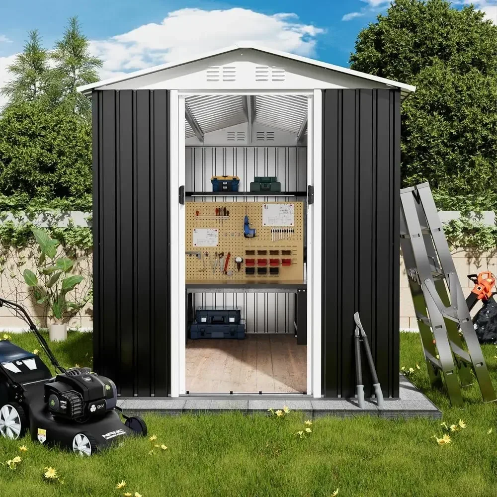 6x9ft Grey Metal Garden Shed with Lockable Double Doors and Sloping Roof for Outdoor Storage