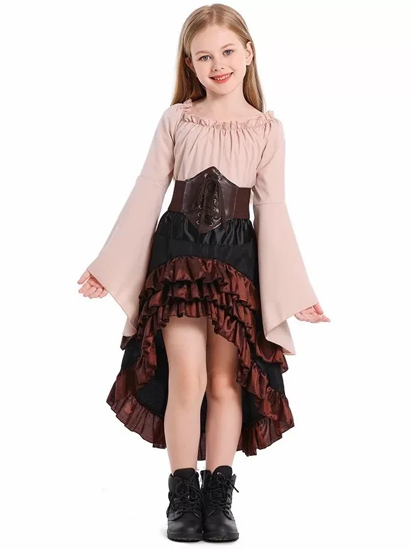 loween Costume da regina pirata medievale Gilet irregolare Gonna lunga Abito cosplay per bambini adulti Fibra di poliestere