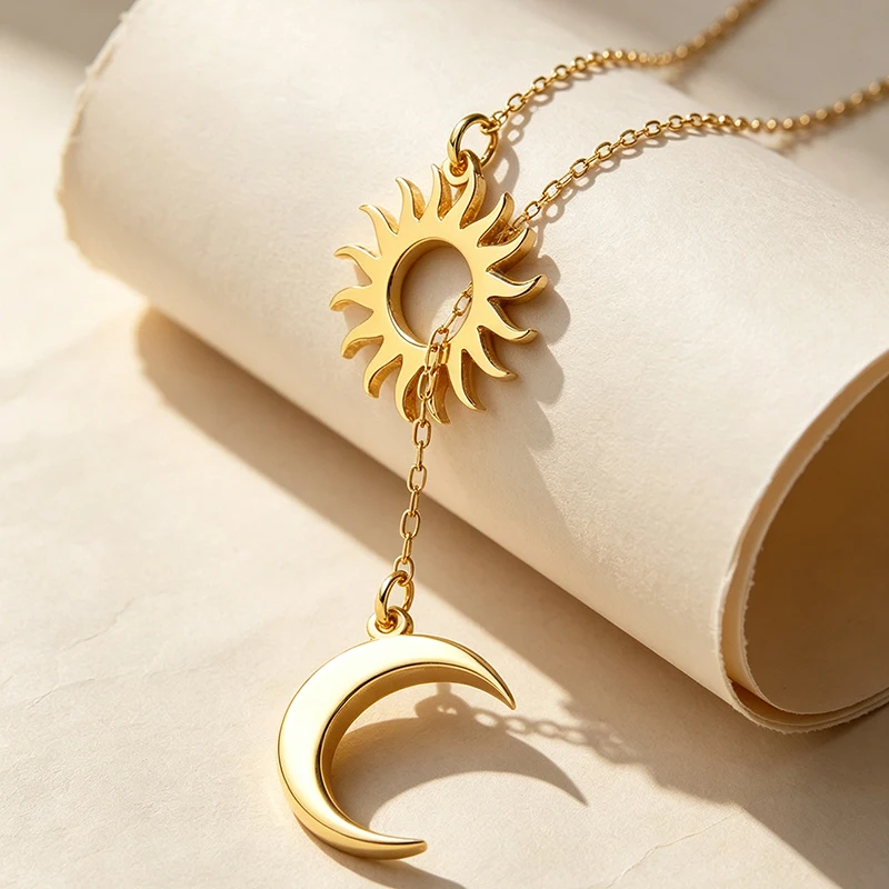 Stainless Steel Sun And Moon Y Pendant Necklace For Women Dainty Lariat Chain Celestial Starry Sky Statement Jewelry Gift