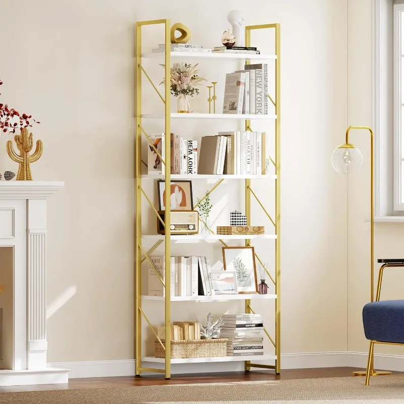 Tall Bookshelf 6 Tier Bookcase, Modern Gold Book Shelf, Open Display Storage Rack Shelves