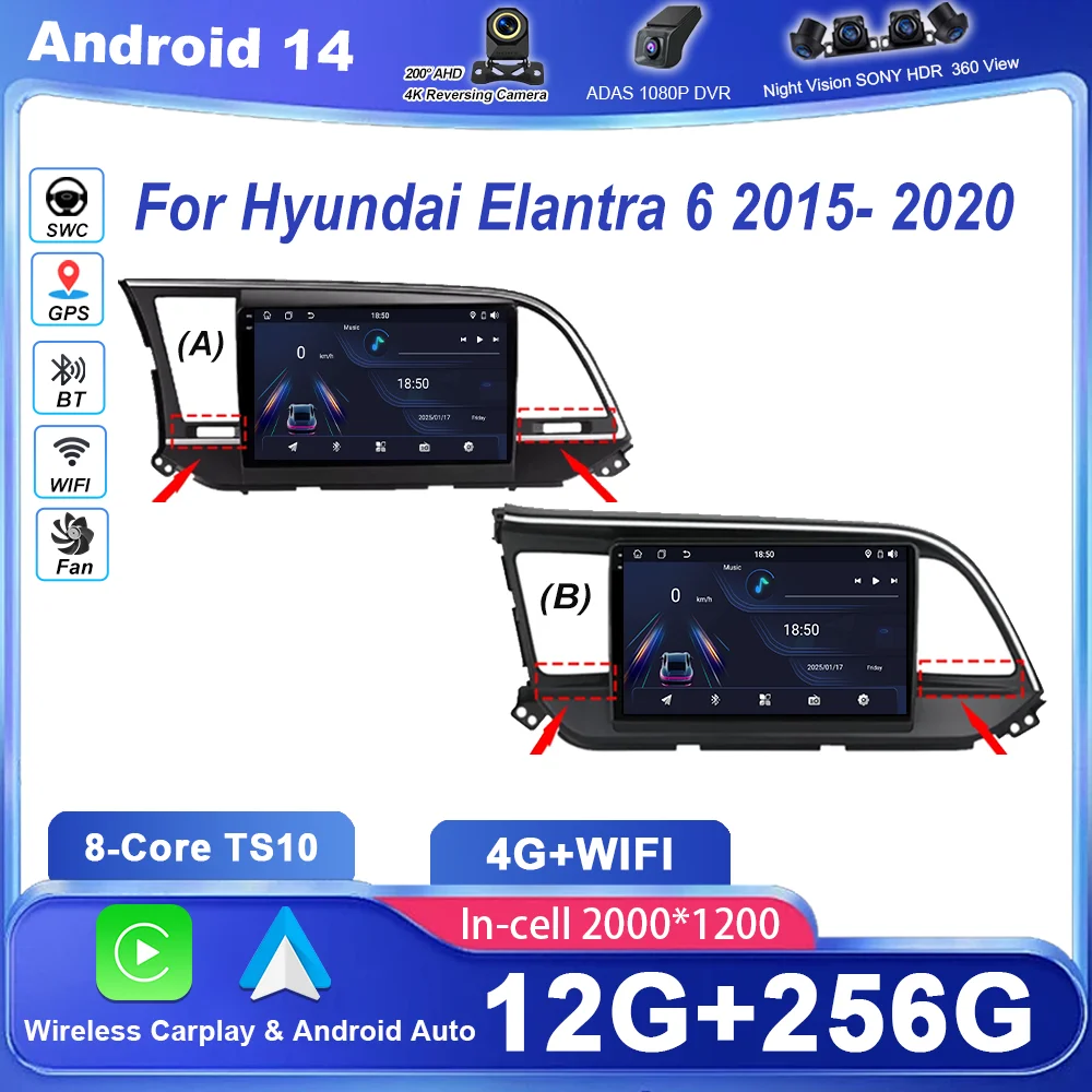 

Android 14 Radio Stereo For Hyundai Elantra 6 2015-2020 Auto Multimedia Player GPS Navigation Head Unit 2Din WIFI QLED Screen 4G