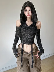 Hooded Y2k Top For Women Clothing Black Short T Shirts Off Shoulder Roupas Femininas Estilosas Streetwear Ropa De Mujer Autumn