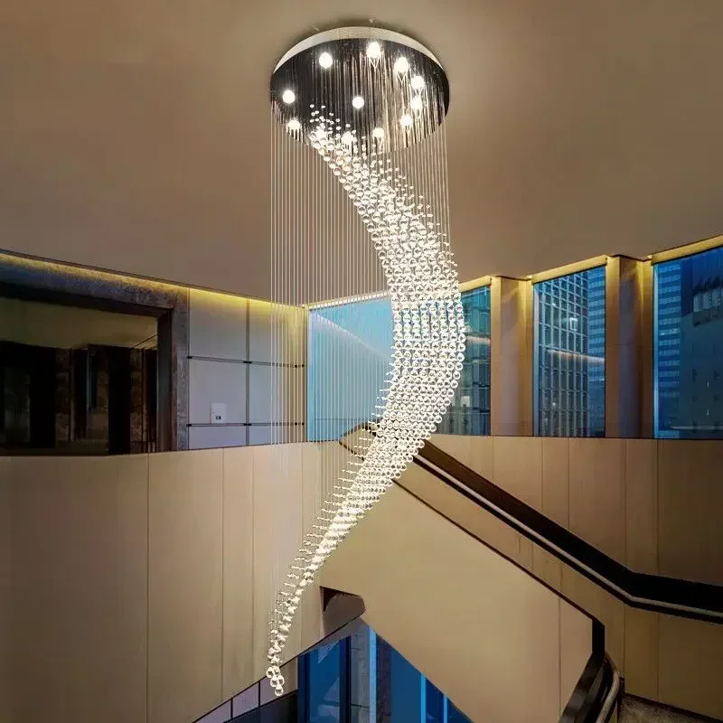 

Modern Staircase Crystal Chandelier Luxury Spiral Design Hall Light Fixture Living Dining Room Suspension Wire Cristal Lamp