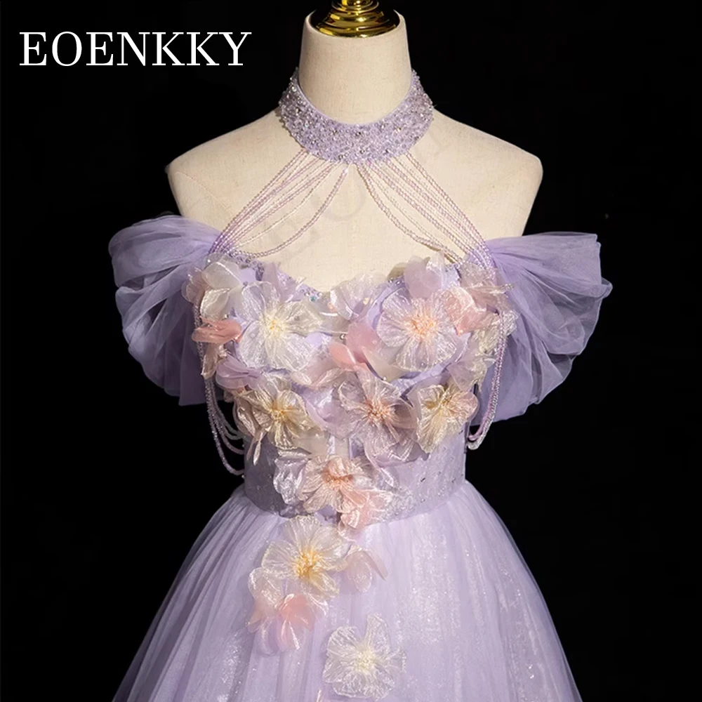 Purple Halter Beading Prom Dresses Elegant 3D Flowers Lace A Line Special Occasion Dress Off Shoulder Tulle vestidos de gala