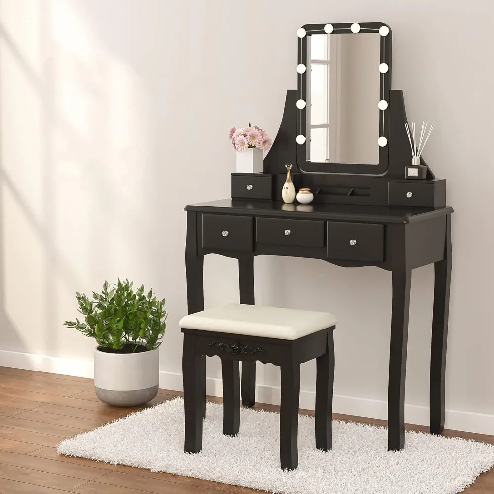 

Dressing Table with Lighted Mirror, 10 LED Dimmable Bulbs, Cushioned Stool&5 Drawers,3 Removable Dividers, Vanity Desk