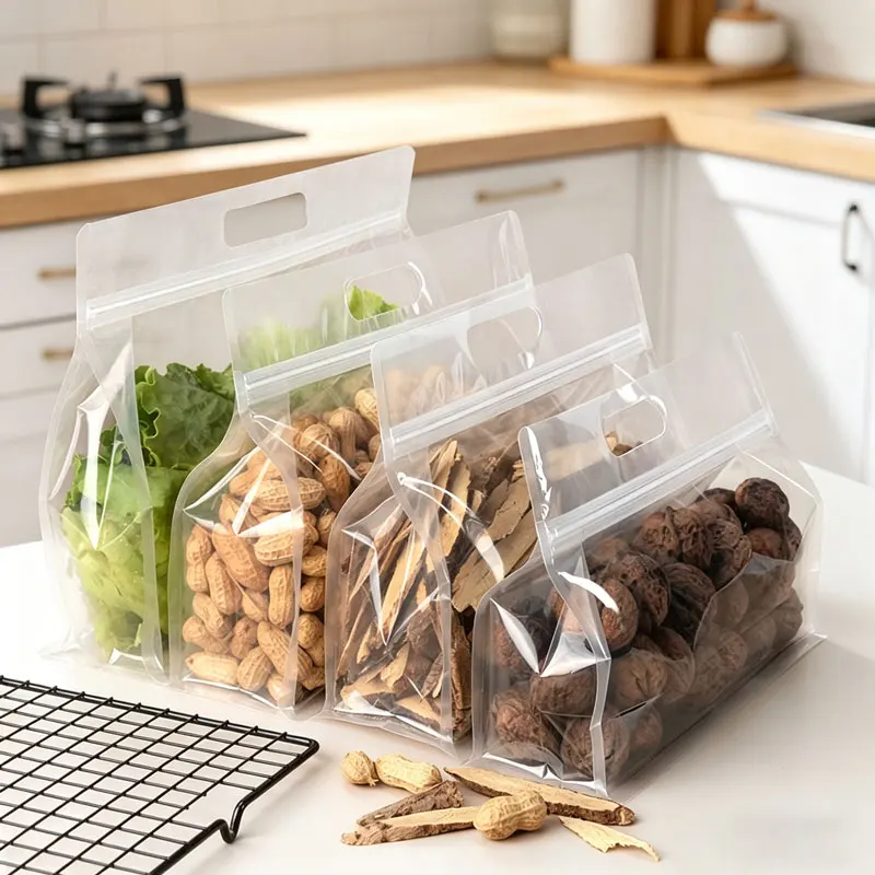 Bolsa de Almacenamiento Transparente de Boca Ancha con Sellado de 8 Lados, Reutilizable, de Grado Alimenticio, para Guardar Aperitivos, Frutos Secos, 10/30 Piezas