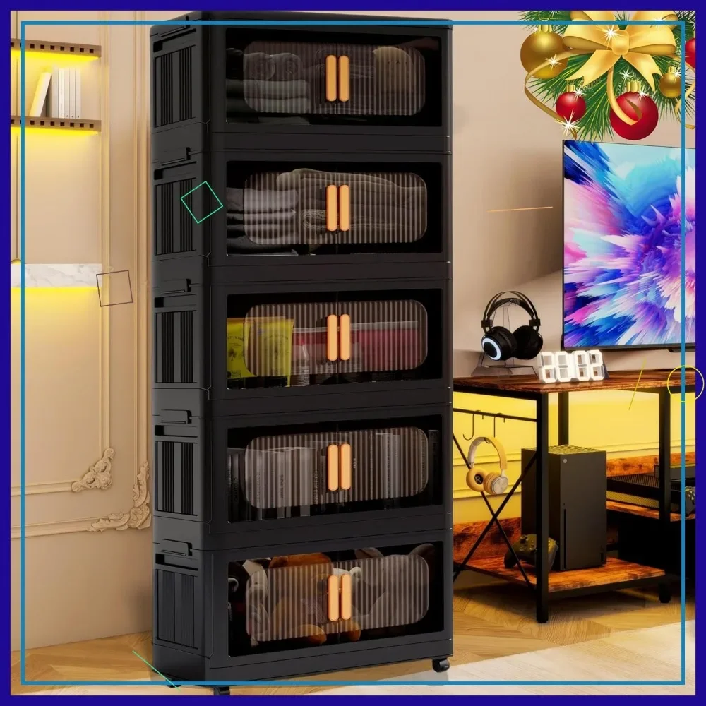 

Складной шкаф для хранения с колесами, магнитными дверцами и штабелируемыми пластиковыми контейнерами для организации пространства дома и гаража