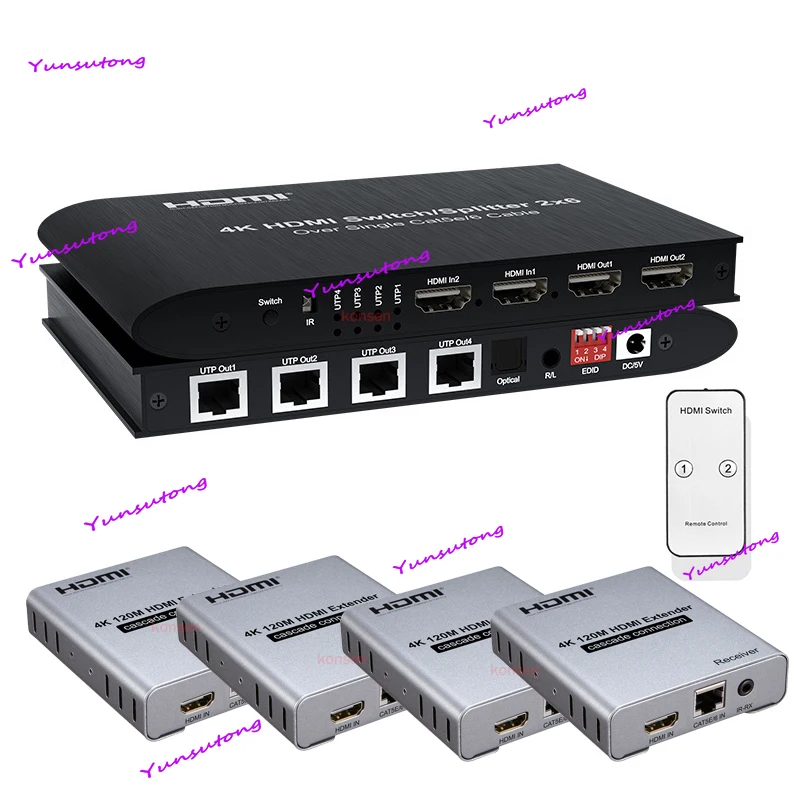 

Удлинитель HDMI 4K, 30 Гц, 100 м, 2x6, переключатель HDMI, разветвитель, расширение Ethernet, передатчик, 2 входа HDMI + 4 канала, порт Ethernet RJ45