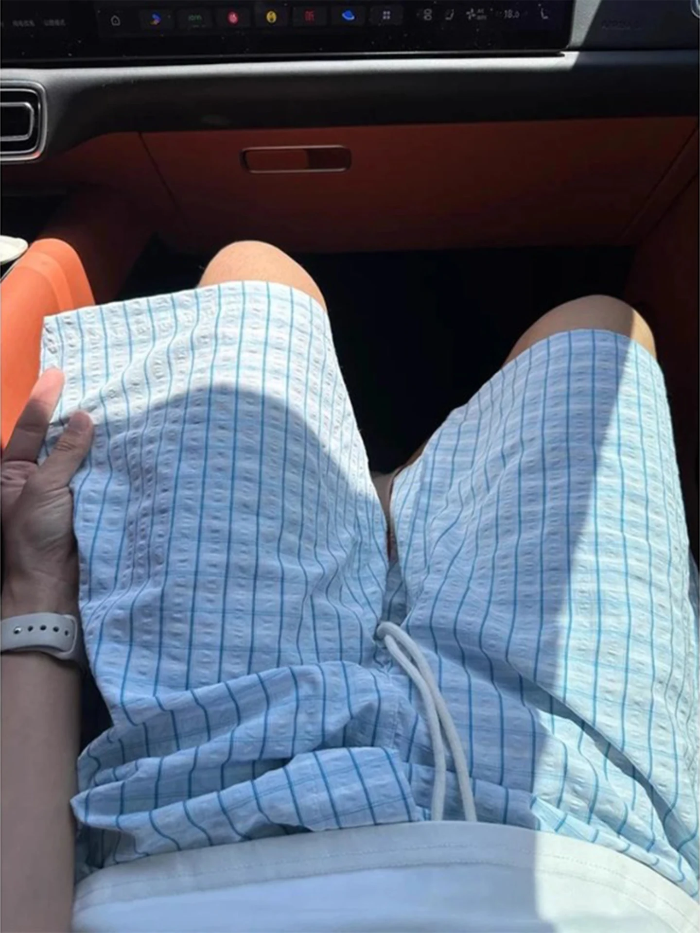 

Blue Plaid Bubble Men's Summer Thin American Cheered Qui Dry Spor Four-Five Length Pants Casual Straight Leg