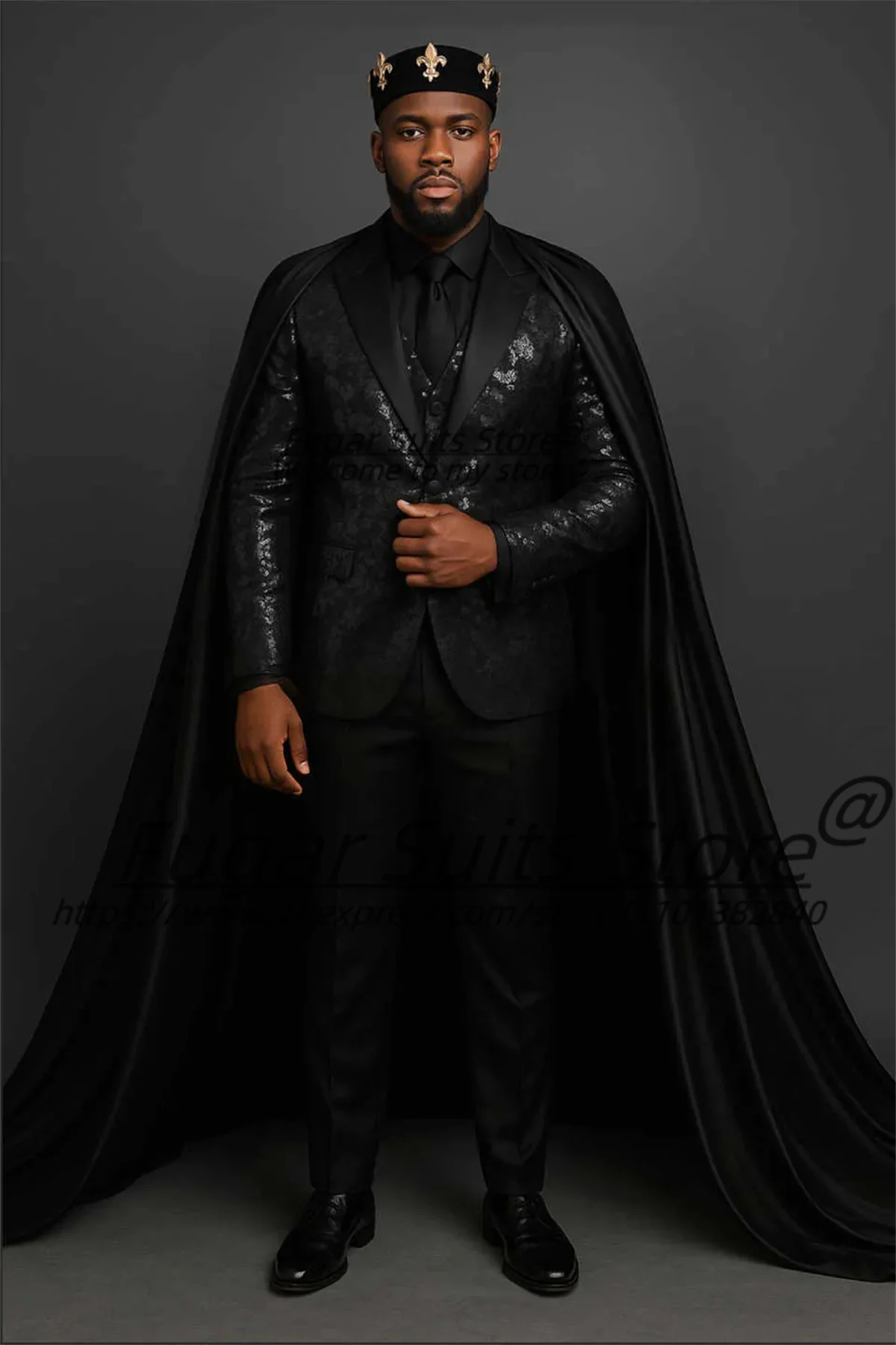 

Sparkly Sequined Luxuly Men Suits With Cloak Customized Slim Fit Groom Wedding Tuxedos3PCS Sets Male Party Blazers Costume Homme