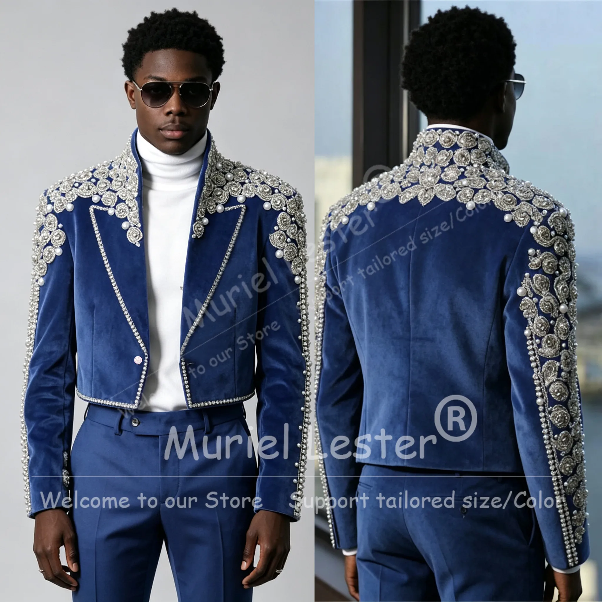 Handmade Short Suit Men Unique Design Sparkly Crystals Beading Velvet Jacket Pants 2 Piece Sets Groom Wear Wedding Tuxedo Attire