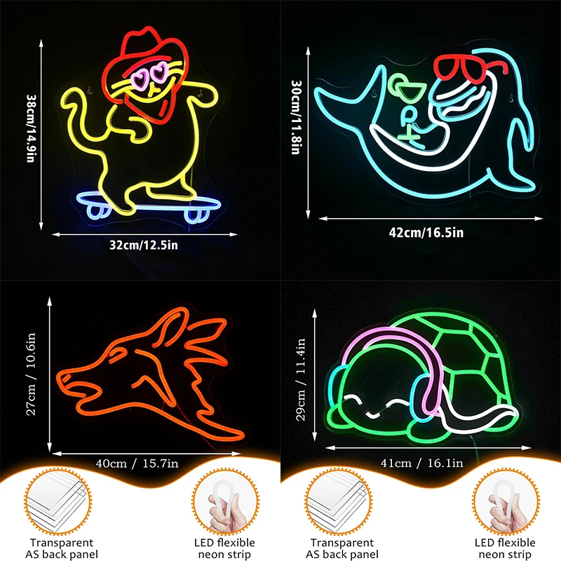 Cat Dog Neon Sign Custom Animal Wolf Turtles Fish Neon Lights  Business Logo Decor Playroom Pet Shop Club Wall Party Gift USB