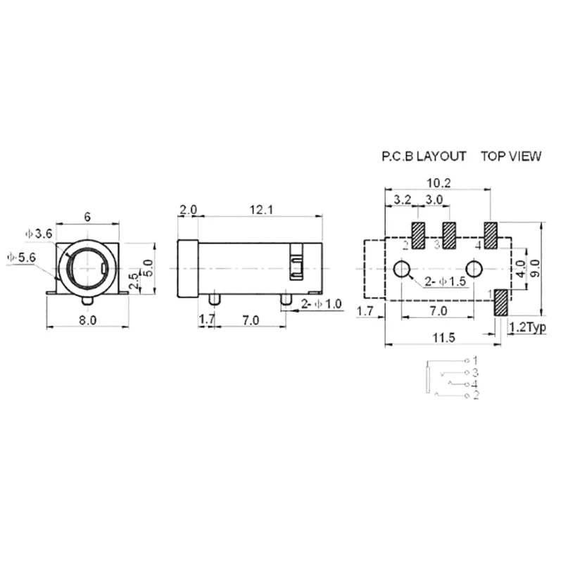 Ângulo direito PCB Jack Horizontal Connector, Through Holes, 4 Contact, 4 Conductor, Ângulo direito, nenhum interruptor interno, 4 Pole, TRRS, 3.5mm, 10Pcs