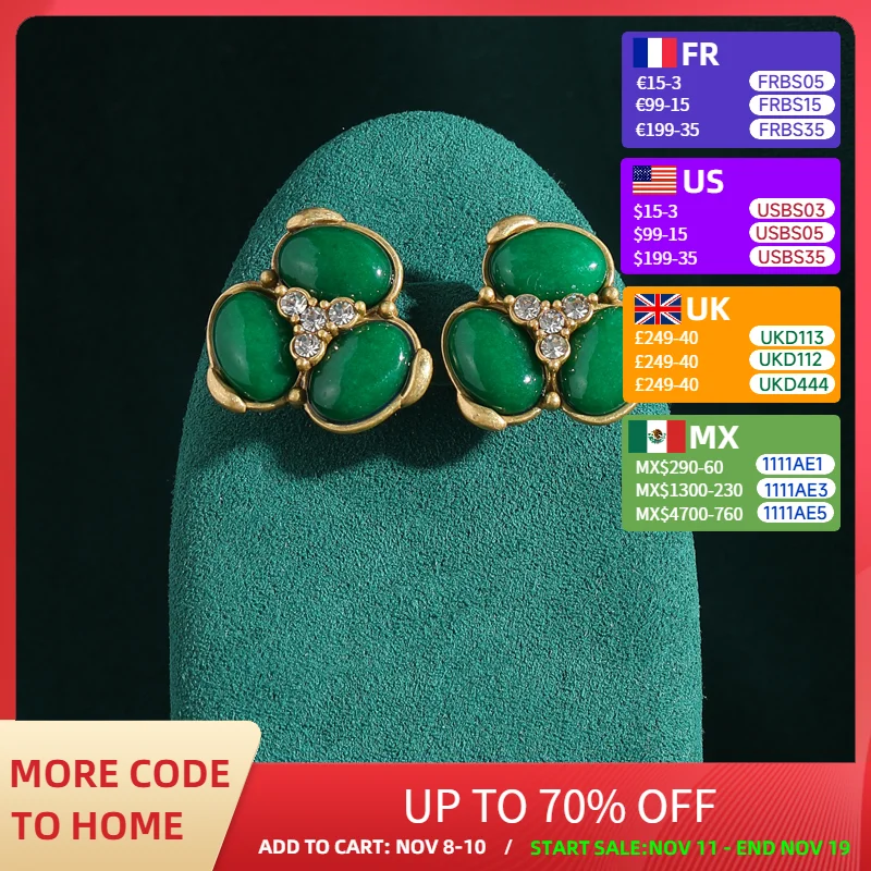

Vintage Egg Shape Emerald Green Natural Stone Stud Earrings for Women Retro Antique Jewelry Set with Rhinestones Accessories