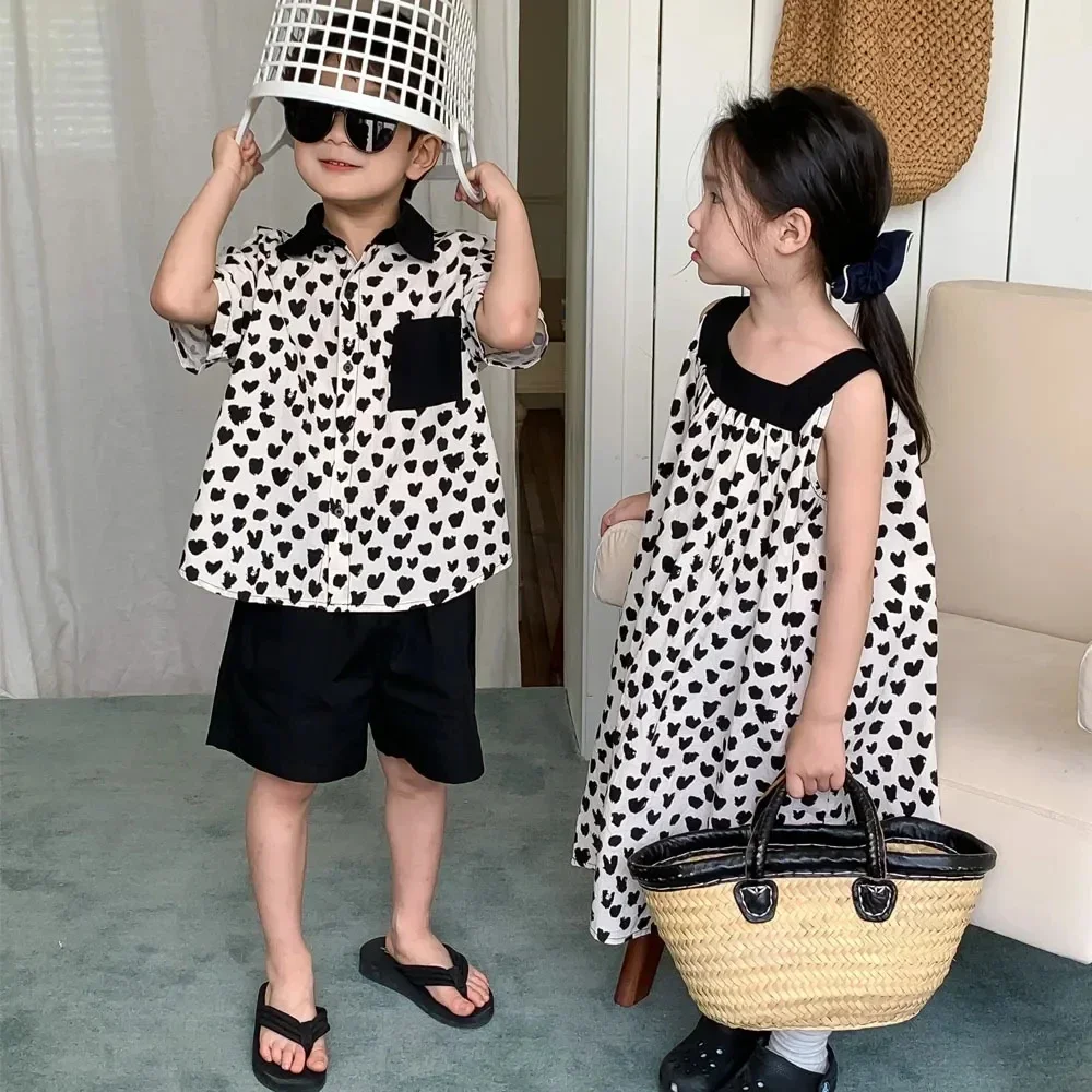 Boys Girls Matching Brother And Sister Clothes 2024 New Korean Children\'s Clothing Set Baby Girls Dress Kids Boys Two Piece Suit