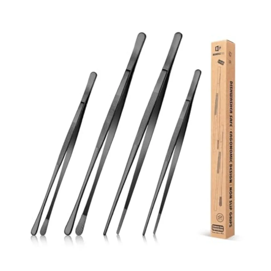 

4 Pcs Fine Long Tweezer Tongs Professional, 12'' and 10'' Stainless Steel for Kitchen, Food, Cooking, Repairing, Sea food and B