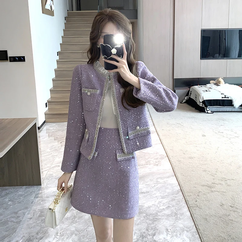 

Women Fashion Tweed Fragrant Y2K Suit Jacke Coat Top And Skirt Two Piece Set Outfit Winter Jacquard Festival Party Chic Clothing