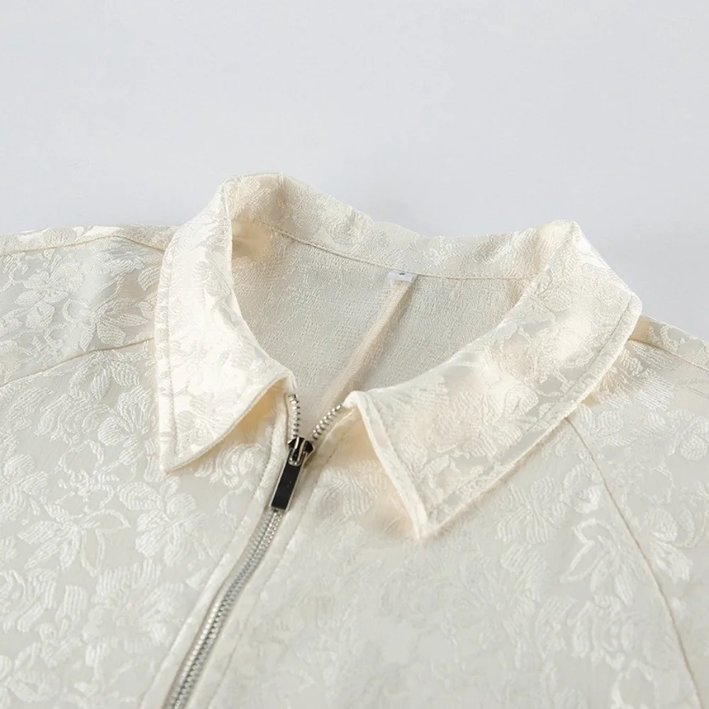 Solid Color Women Jacket Drawstring Waist Lantern Sleeves Cropped Coat Zip Up Jacquard Texture Waist-Cinching Jacket