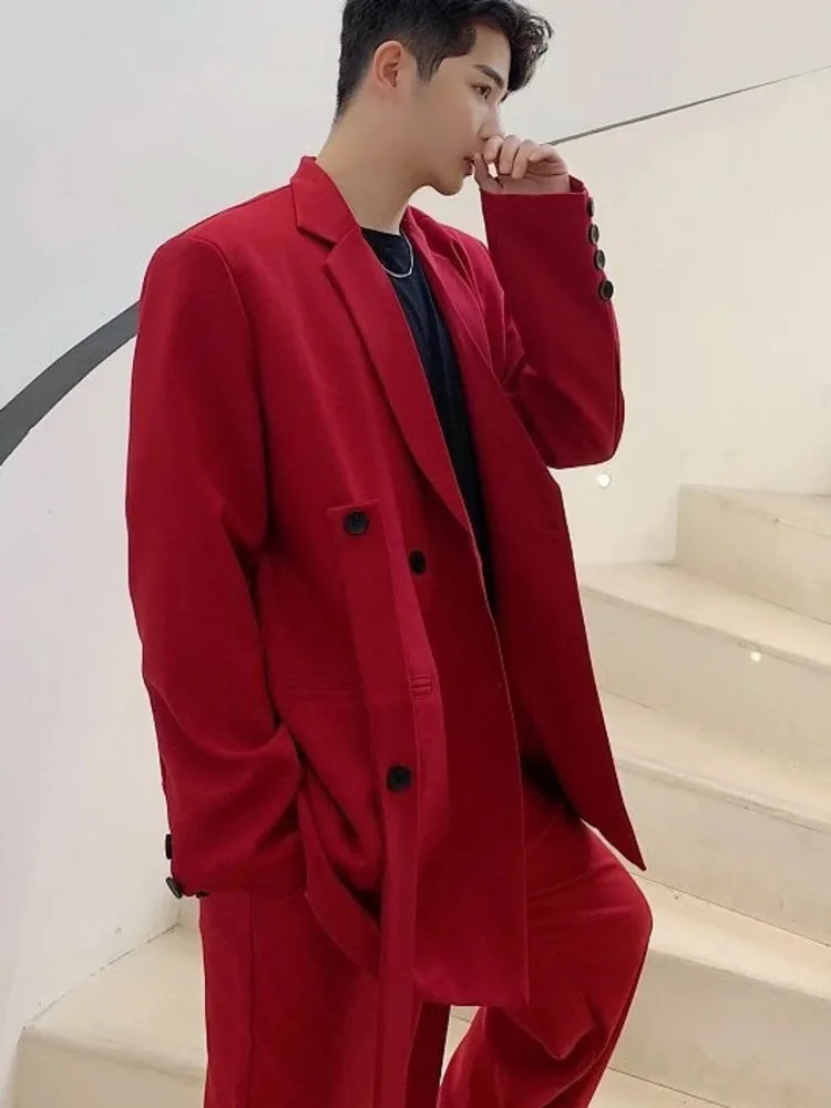 End Men's High Red Suit Coat Niche Casual Oversized Black Button Colorblock Design Notched Niche Bew Blazer Tops 0YCR