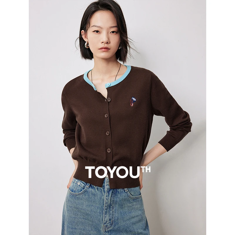 

TOYOUTH Women Knitwear 2024 Autumn New Contrasting Color Round Neck Long Sleeve Woolen Cardigan Coat Gray