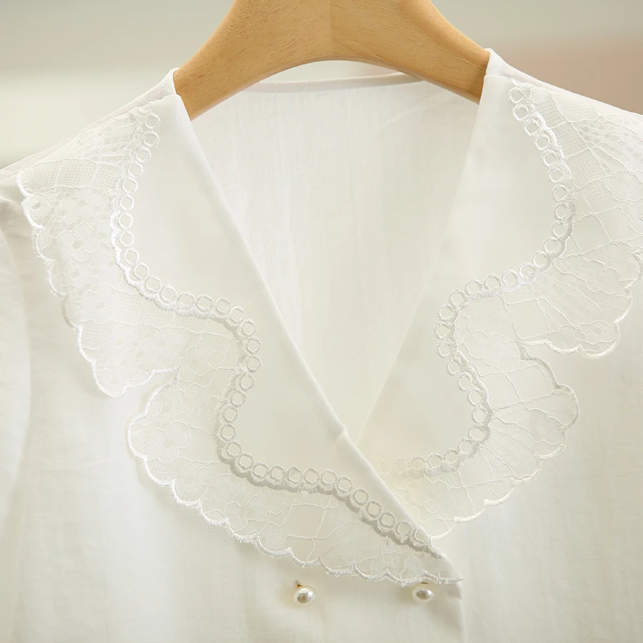 Embroidered ort Sve irt Stand Collar Double Row Pearl Buttons Korean Sle Loose Fit Commute Sle Summer New Arrival