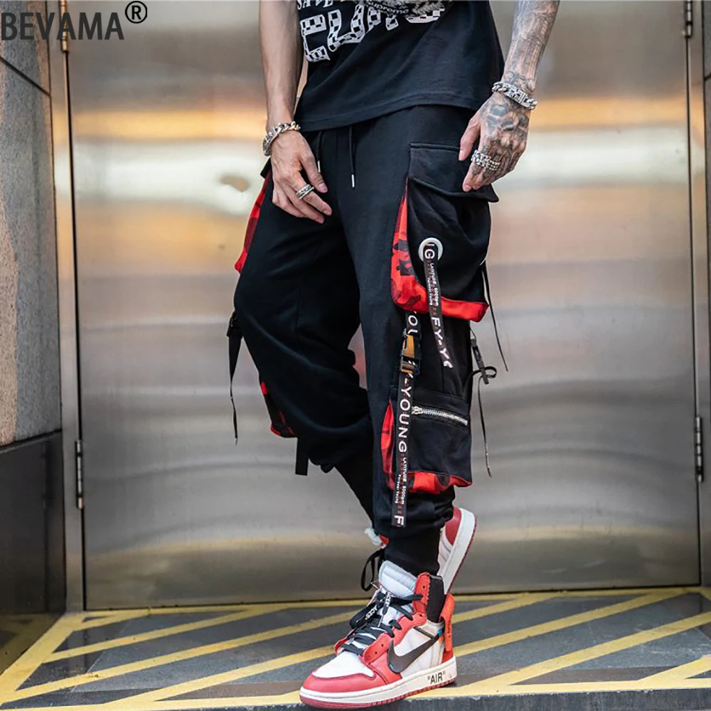 Men Joggers Cargo Pants Hip Hop Streetwear Hit Color Pocket Sweatpants Harajuku Letter Ribbons Techwear Pants Male Casual Pant